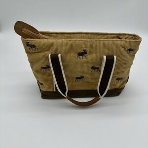 LL Bean Corduroy Moose Embroidered Tote Bag Tan Brown Canvas Zip Top Handbag‎